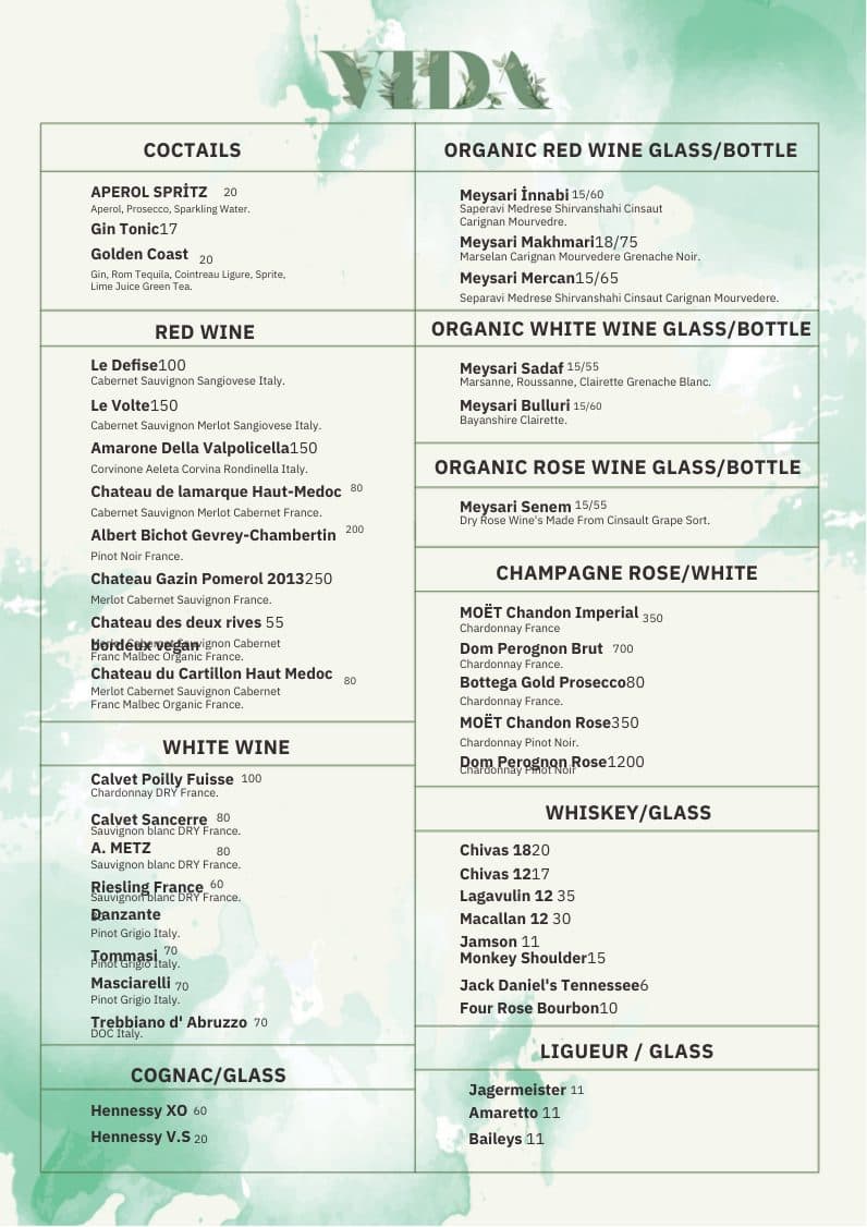 Vida cafe menyu 1